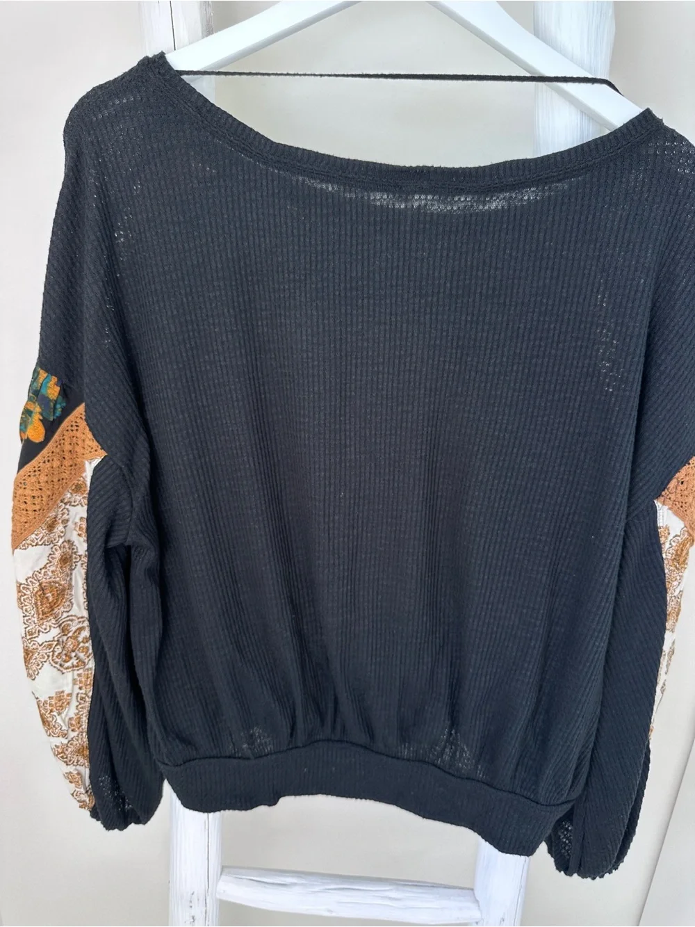 Free People Black Waffle Knit Shirt with Gold Paisley Balloon Sleeves Size L